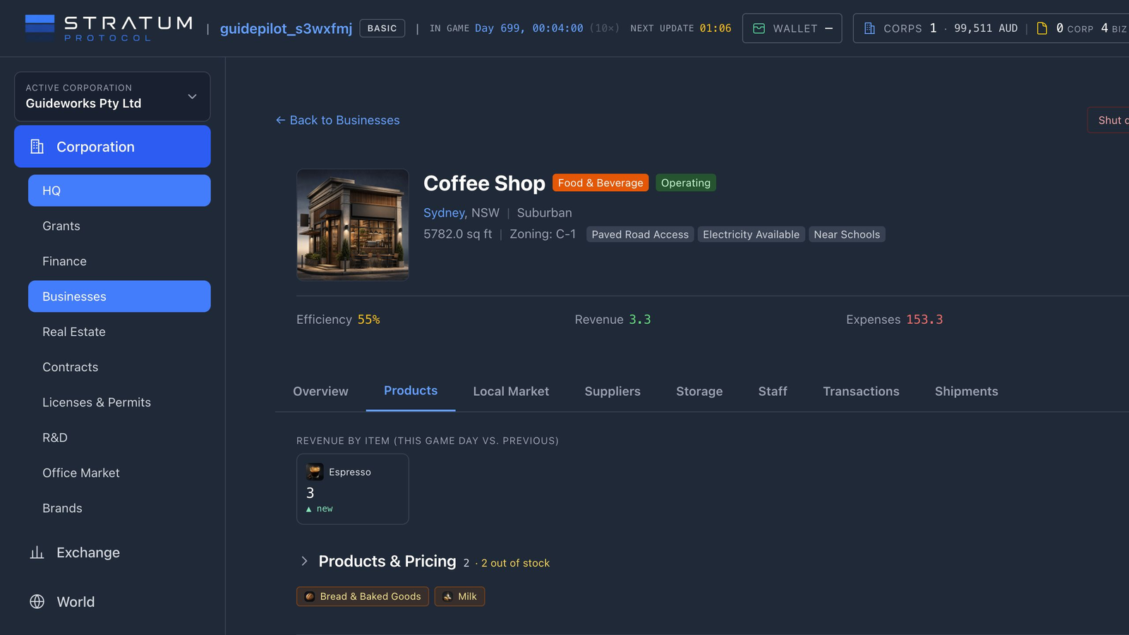 Weite Ansicht des frisch eröffneten Guideworks Coffee Shop mit drei Espresso-Verkäufen, während die separaten Regalprodukte nicht vorrätig sind