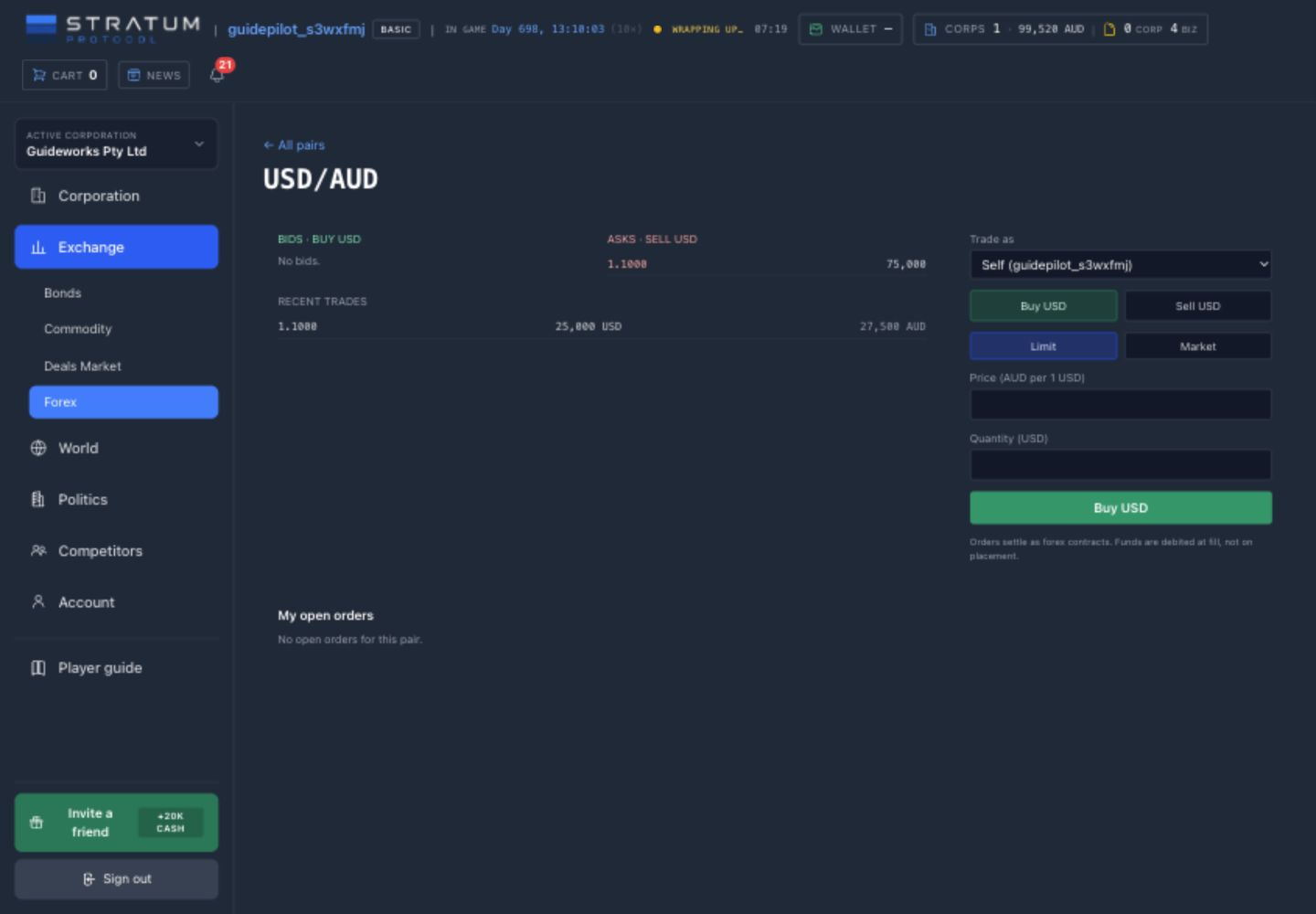 Der Devisenbildschirm USD zu AUD mit einem Briefkurs, einem letzten Abschluss, der Akteursauswahl »Selbst«, den Schaltflächen Kaufen und Verkaufen, den Modi Limit und Market sowie dem Bereich der offenen Orders
